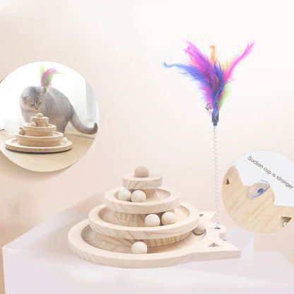 Wooden Cat Tower with Tracks: Interactive Triple Play