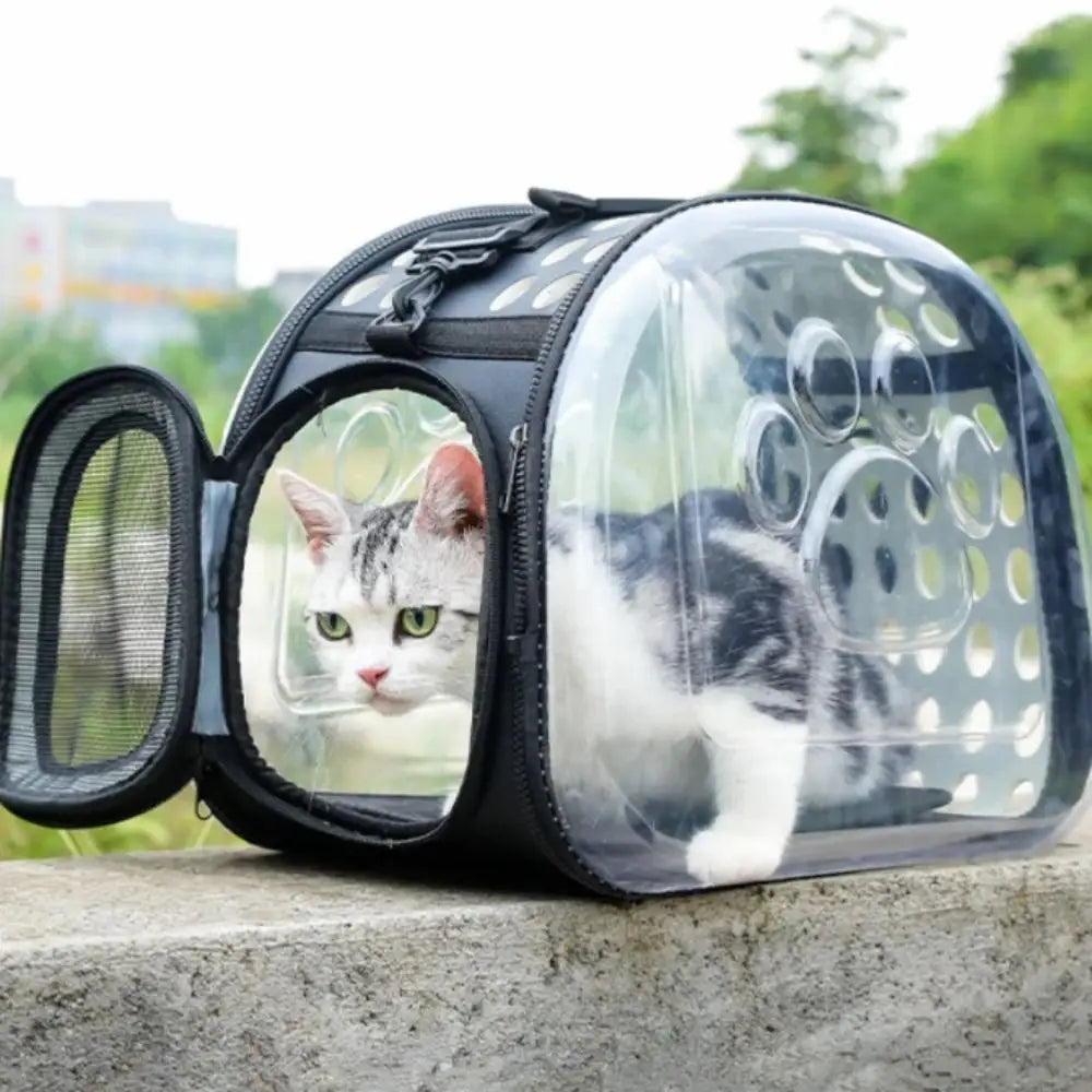 Breathable Pet Shoulder Bag for Outdoor Travel with Transparent Design.